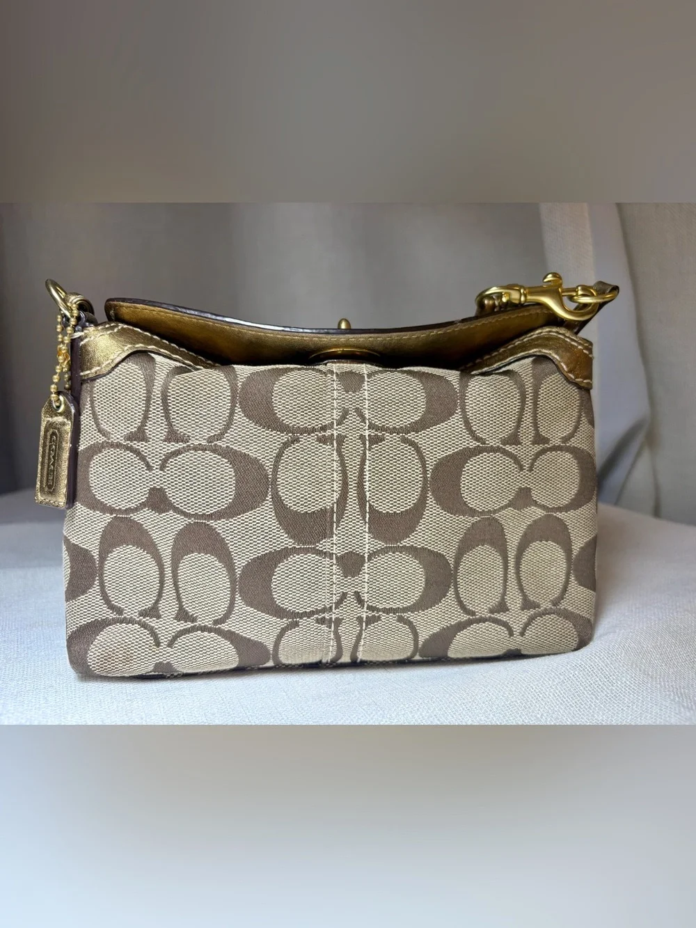 Vintage Y2K Coach 42026 Signature Jacquard Gold Turnlock Mini Shoulder Bag Purse